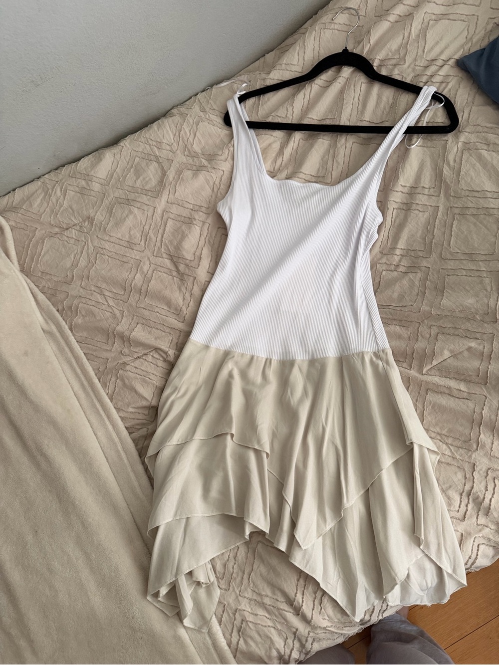 Zara White Ribbed Bodice Cream Layered High-Low Dress